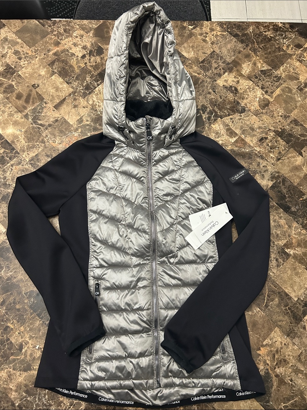 NWT 🆕 Calvin Klein Performance Hybrid Hooded Puffer Jacket, Metallic & Black S